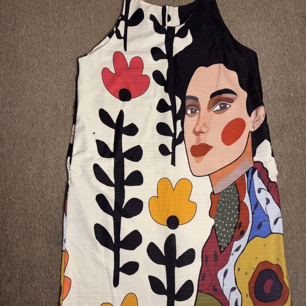 Frida Kahlo Inspired Shift Dress Women’s 1X Sleeveless Abstract Floral Portrait